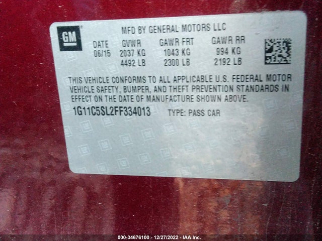 2015 CHEVROLET MALIBU LT VIN: 1G11C5SL2FF334013