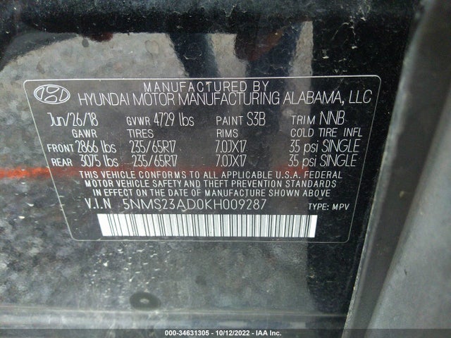 2019 HYUNDAI SANTA FE SE VIN: 5NMS23AD0KH009287