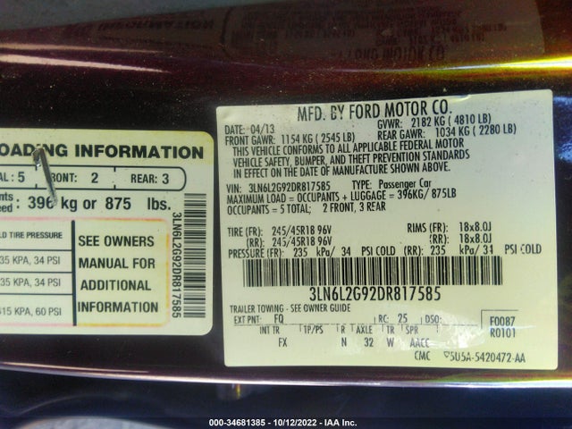Lincoln MKZ 2013 3LN6L2G92DR817585 Image 10