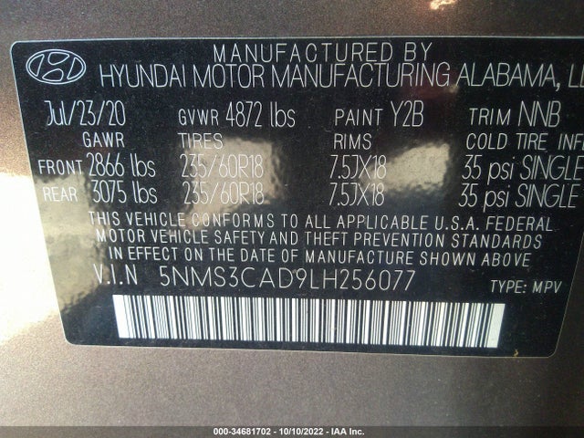 2020 Hyundai Santa Fe, VIN: 5NMS3CAD9LH256077