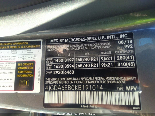 2019 Mercedes-Benz GLE-Class, VIN: 4JGDA6EB0KB191014