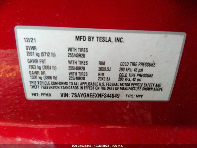 2022 TESLA MODEL Y LONG RANGE VIN: 7SAYGAEEXNF344049