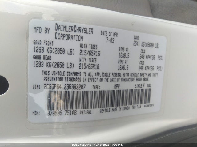 2C8GP64L23R383207 Chrysler Town & Country Limited