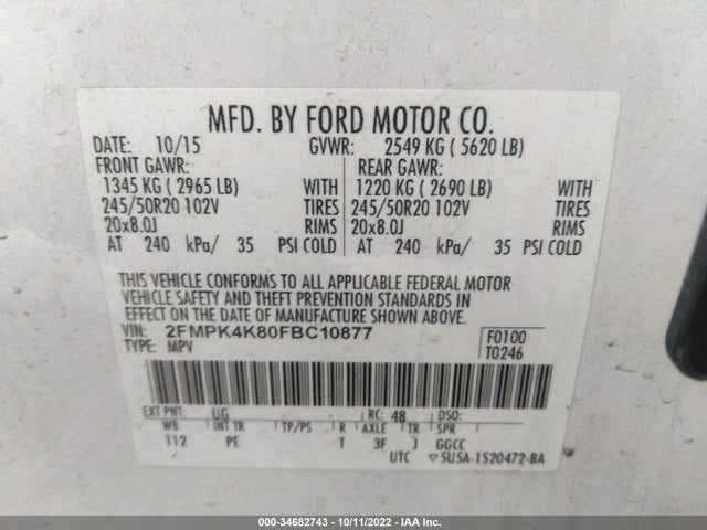 2015 Ford Edge, VIN: 2FMPK4K80FBC10877