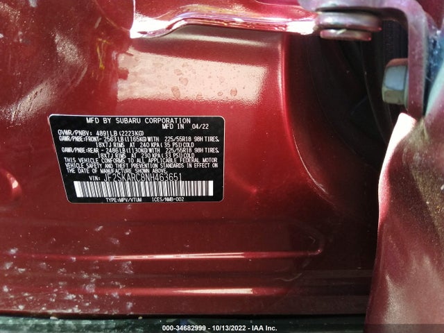 2022 SUBARU FORESTER TOURING VIN: JF2SKARC8NH463651