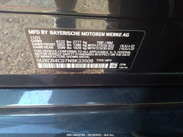 2022 BMW X5, VIN: 5UXCR4C07N9K33509