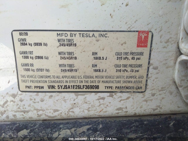 2020 Tesla Model S, VIN: 5YJSA1E26LF369098