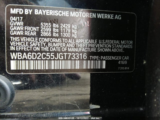 2018 BMW 6 Series, VIN: WBA6D2C55JGT73316