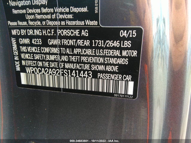 2015 Porsche 911, VIN: WP0CA2A92FS141443