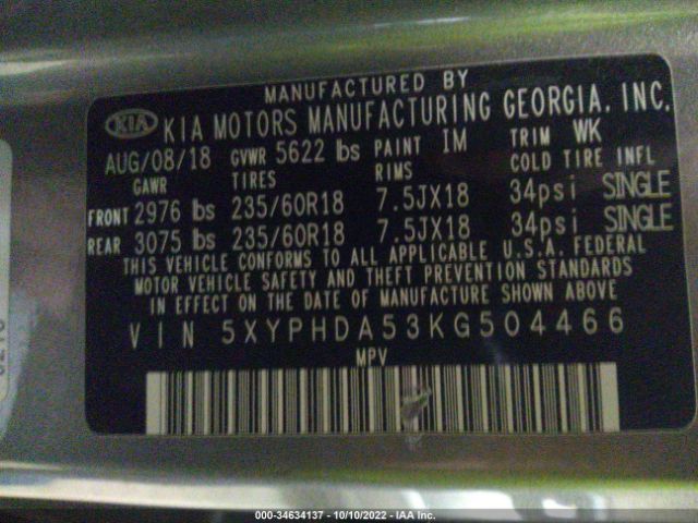 5XYPHDA53KG504466 KIA Sorento 3.3l Ex
