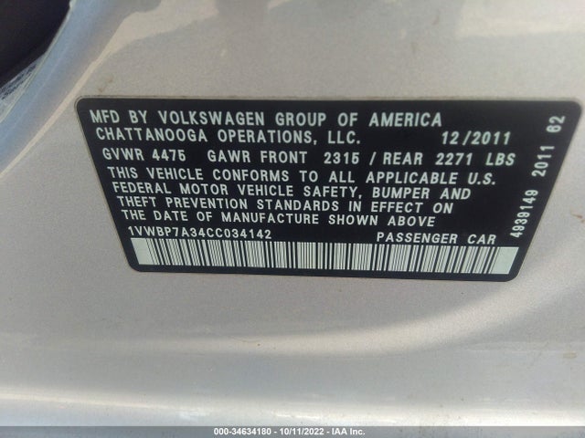 2012 VOLKSWAGEN PASSAT SE VIN: 1VWBP7A34CC034142