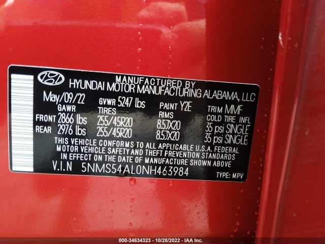 2022 Hyundai Santa Fe, VIN: 5NMS54AL0NH463984