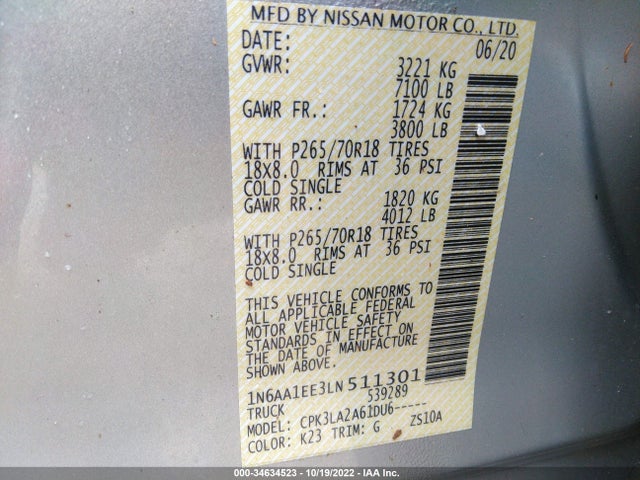 2020 Nissan Titan, VIN: 1N6AA1EE3LN511301