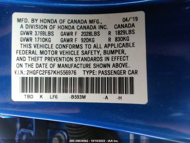 Honda Civic Sedan Lx 2019 2HGFC2F67KH556976 Image 10