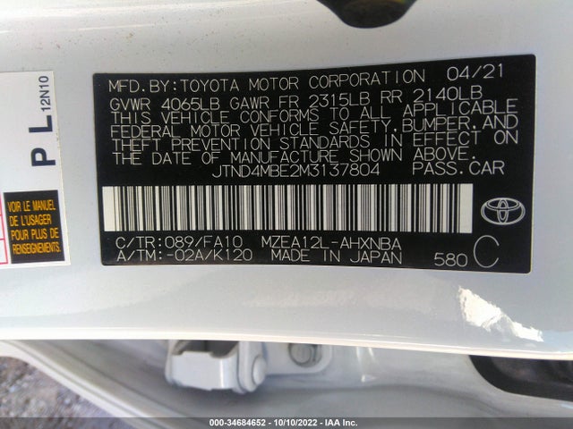 2021 TOYOTA COROLLA HATCHBACK SE/XSE/NIGHTSHADE VIN: JTND4MBE2M3137804
