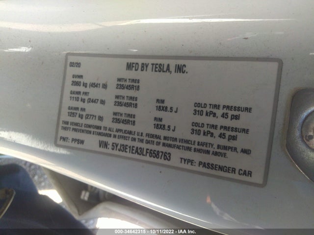 Tesla MODEL 3 2020 5YJ3E1EA3LF658763 Image 9