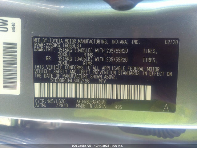 2020 Toyota Highlander, VIN: 5TDDBRCH4LS002496