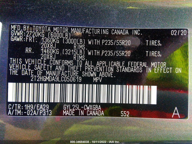 2020 Lexus RX, VIN: 2T2HGMDA9LC050619