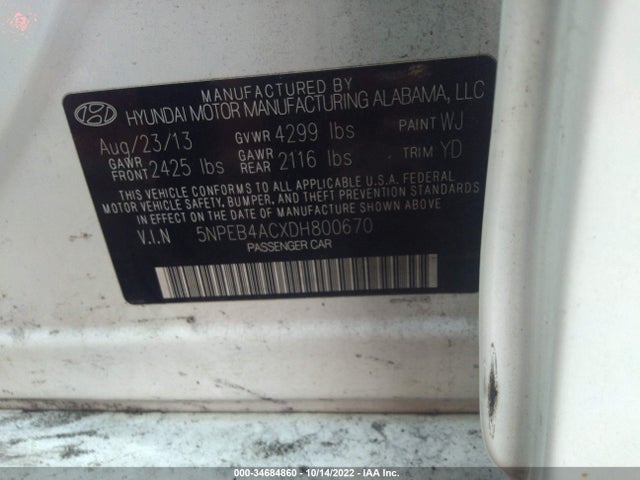 2013 HYUNDAI SONATA GLS PZEV VIN: 5NPEB4ACXDH800670