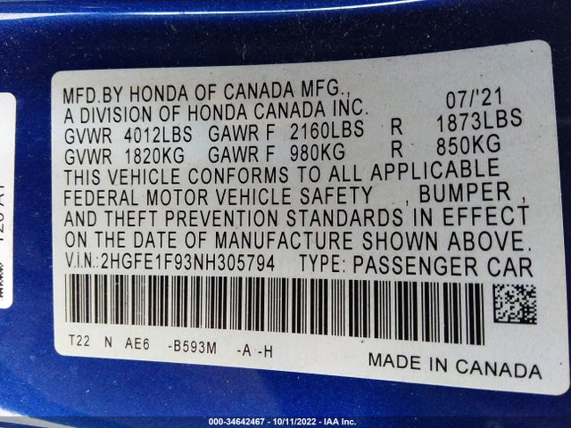 2022 HONDA CIVIC SEDAN VIN: 2HGFE1F93NH305794