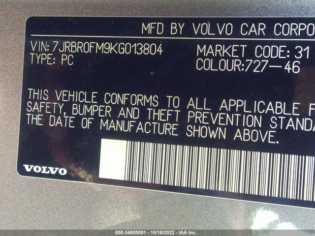2019 Volvo S60, VIN: 7JRBR0FM9KG013804