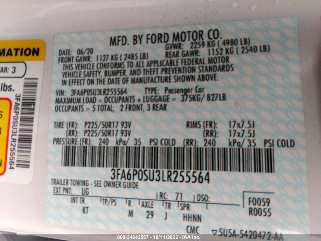2020 Ford Fusion, VIN: 3FA6P0SU3LR255564