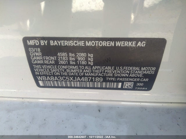 2018 BMW 3 Series, VIN: WBA8A3C5XJA487189