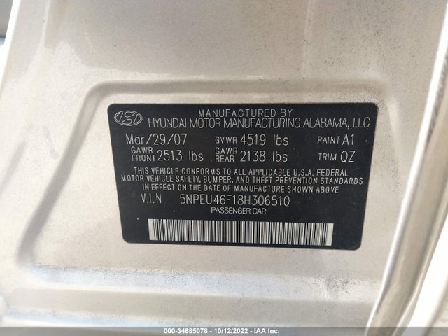 2008 HYUNDAI SONATA SE/LIMITED VIN: 5NPEU46F18H306510