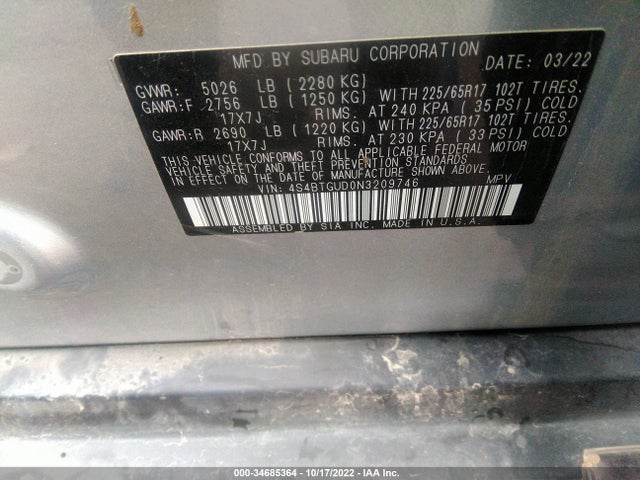 2022 Subaru Outback, VIN: 4S4BTGUD0N3209746