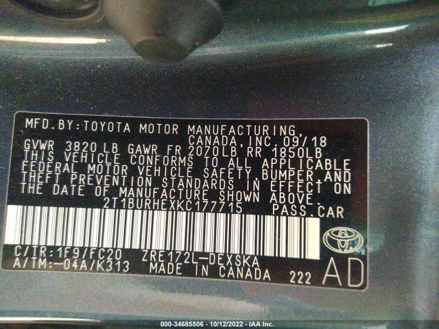 2019 TOYOTA COROLLA L/LE/SE/XLE/XSE VIN: 2T1BURHEXKC177715