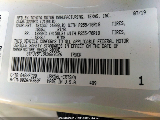 2019 Toyota Tundra, VIN: 5TFUY5F19KX869326