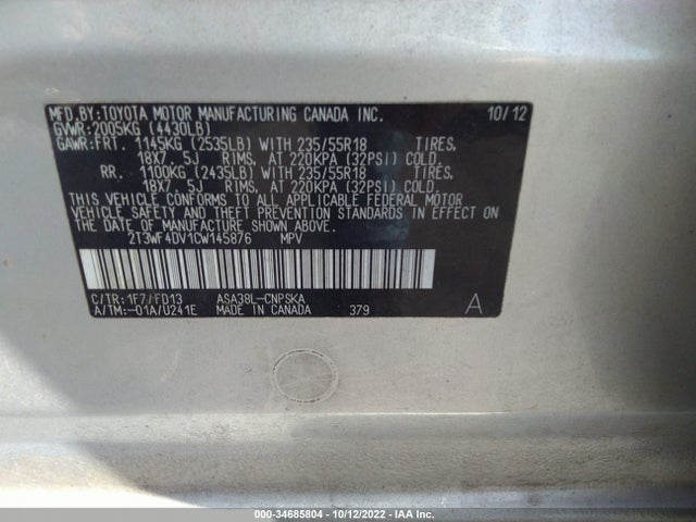 2012 TOYOTA RAV4 SPORT VIN: 2T3WF4DV1CW145876