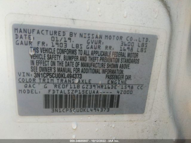 3N1CP5CU0KL494373 Nissan KICKS SV