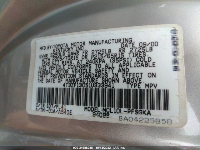 2001 TOYOTA SIENNA LE/XLE VIN: 4T3ZF13C51U333941