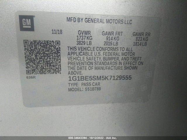 Chevrolet CRUZE LT 2019 1G1BE5SM5K7129555 Image 10