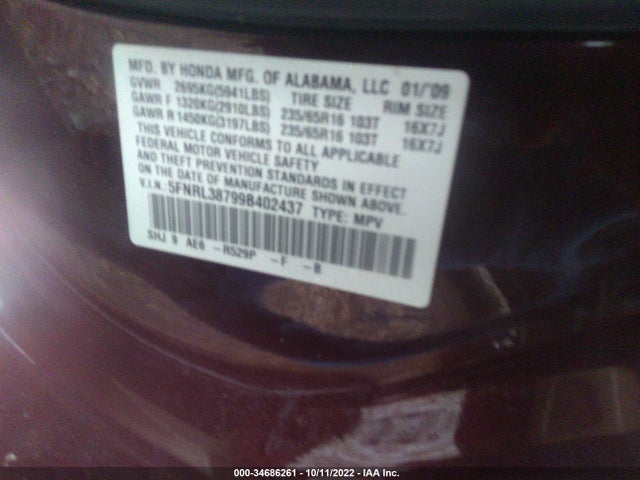 2009 HONDA ODYSSEY EX-L VIN: 5FNRL38799B402437
