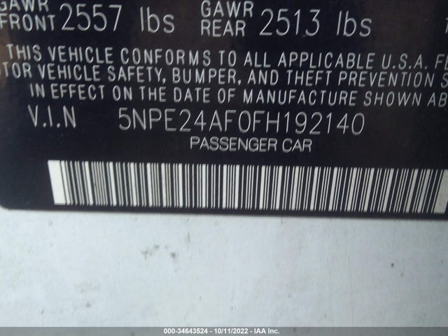 2015 HYUNDAI SONATA 2.4L SE VIN: 5NPE24AF0FH192140