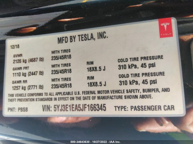 Tesla Model 3 Range Battery 2018 5YJ3E1EA5JF166345 Image 10