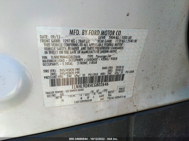 Lincoln MKS 2012 1LNHL9DR4CG802646 Image 9