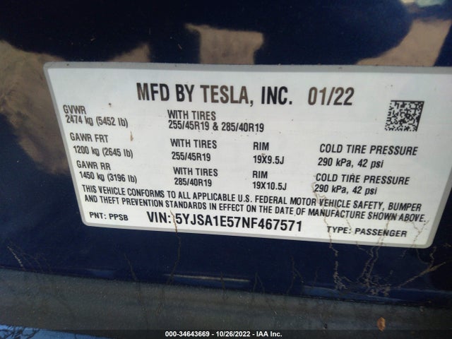 2022 Tesla Model S, VIN: 5YJSA1E57NF467571