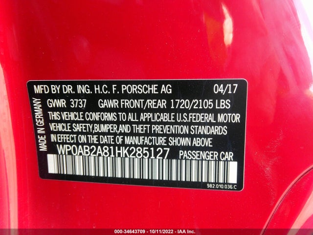 2017 Porsche Cayman, VIN: WP0AB2A81HK285127
