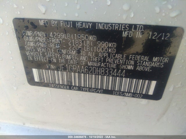 Subaru Impreza Wagon 2.0i 2013 JF1GPAA62DH833444 Image 10
