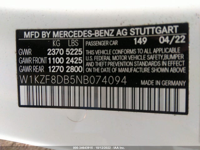 2022 Mercedes-Benz E-Class, VIN: W1KZF8DB5NB074094