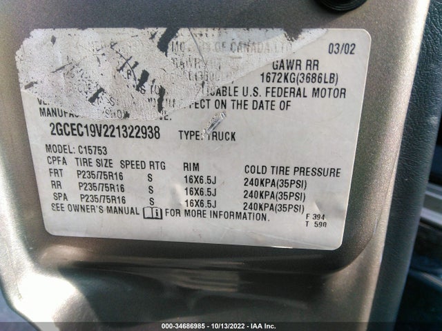 2002 CHEVROLET SILVERADO 1500 LS VIN: 2GCEC19V221322938