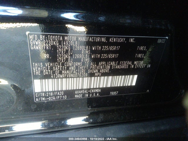2022 TOYOTA RAV4 HYBRID XLE VIN: 4T3RWRFV8NU076209