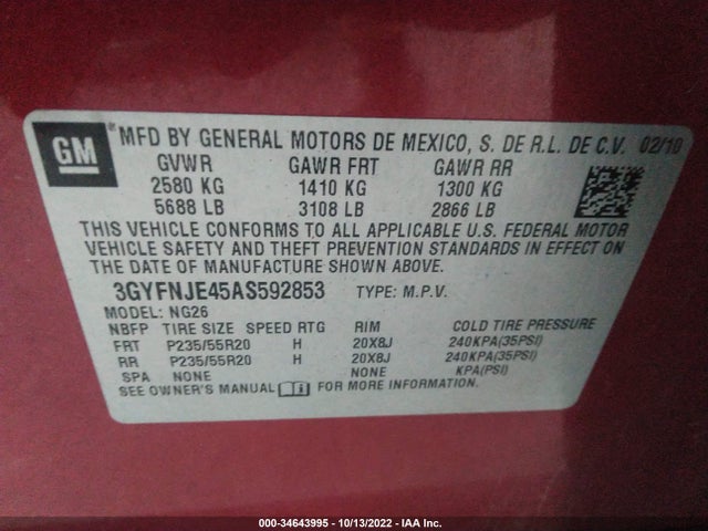 2010 CADILLAC SRX TURBO PERFORMANCE VIN: 3GYFNJE45AS592853