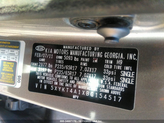 2011 KIA SORENTO LX VIN: 5XYKT4A1XBG154517