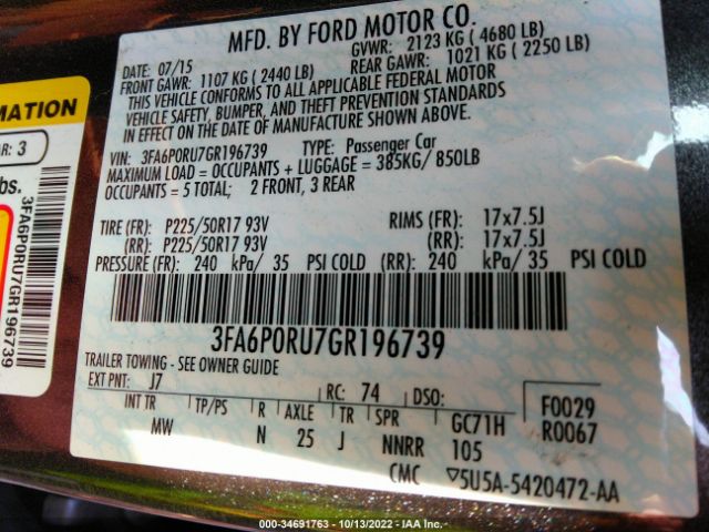 3FA6P0RU7GR196739 Ford Fusion Titanium Hybrid