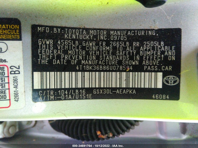2006 TOYOTA AVALON XL/TOURING/XLS/LIMITED VIN: 4T1BK36B86U078584