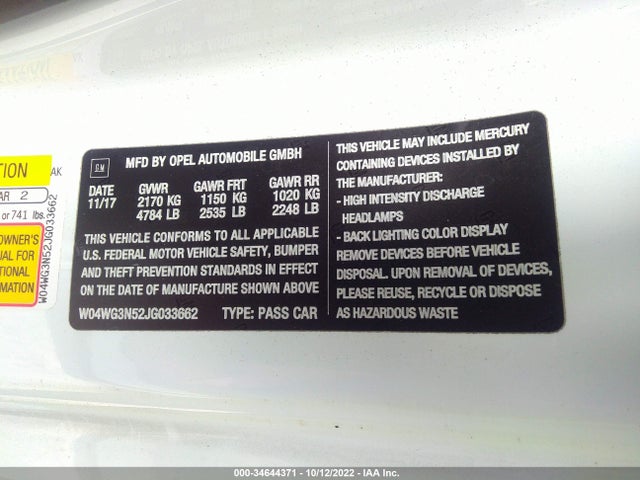2018 Buick Cascada, VIN: W04WG3N52JG033662